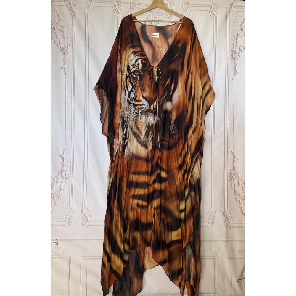 Roberto Cavalli Tiger Print Silk Kaftan in Brown and Black